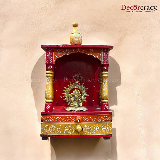 Mandir Double Storage Drawer Wooden Multicolor Hand Painted Wall Mounted Temple 16"