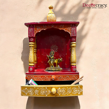 Mandir Double Storage Drawer Wooden Multicolor Hand Painted Wall Mounted Temple 16"