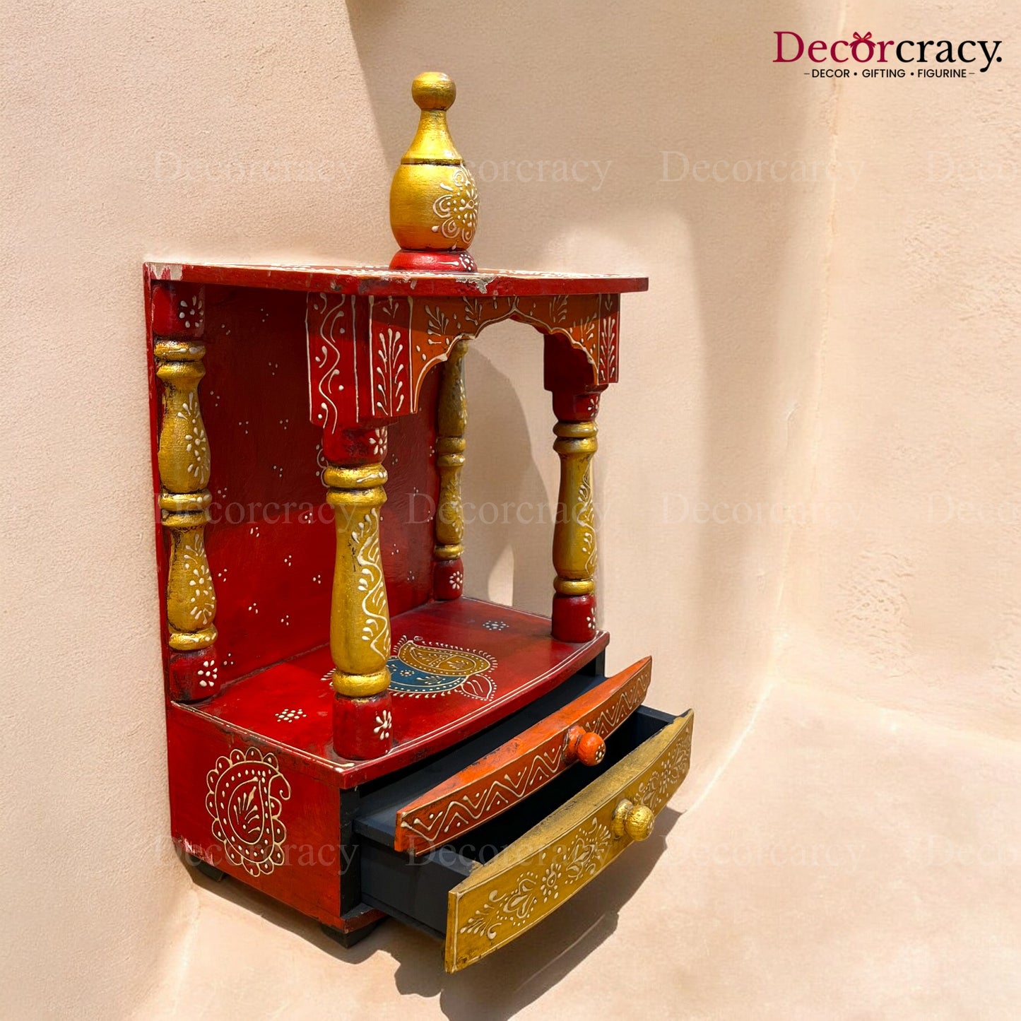 Mandir Double Storage Drawer Wooden Multicolor Hand Painted Wall Mounted Temple 16"