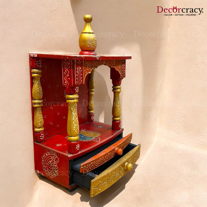 Mandir Double Storage Drawer Wooden Multicolor Hand Painted Wall Mounted Temple 16"