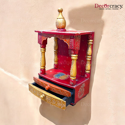 Mandir Double Storage Drawer Wooden Multicolor Hand Painted Wall Mounted Temple 16"