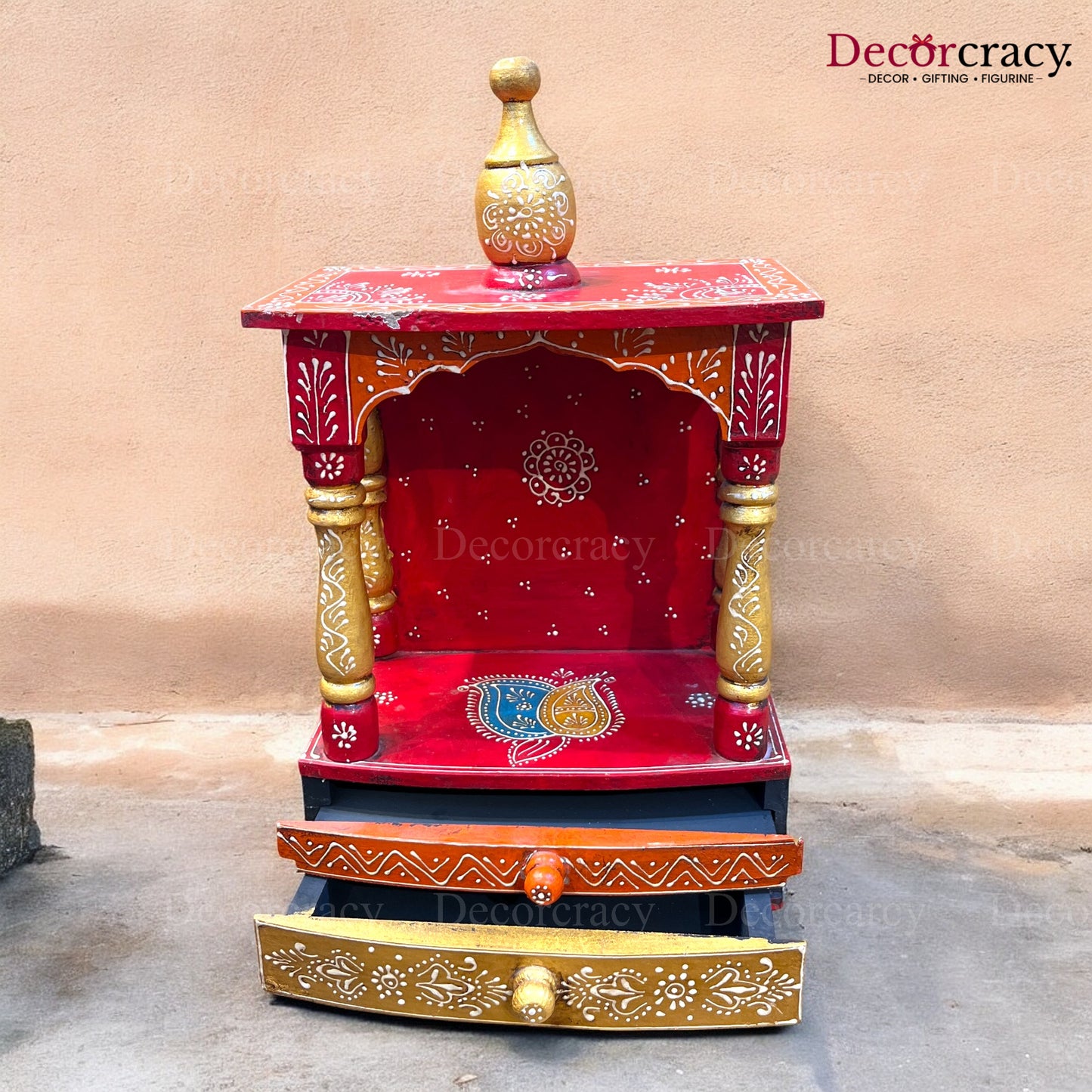 Mandir Double Storage Drawer Wooden Multicolor Hand Painted Wall Mounted Temple 16"
