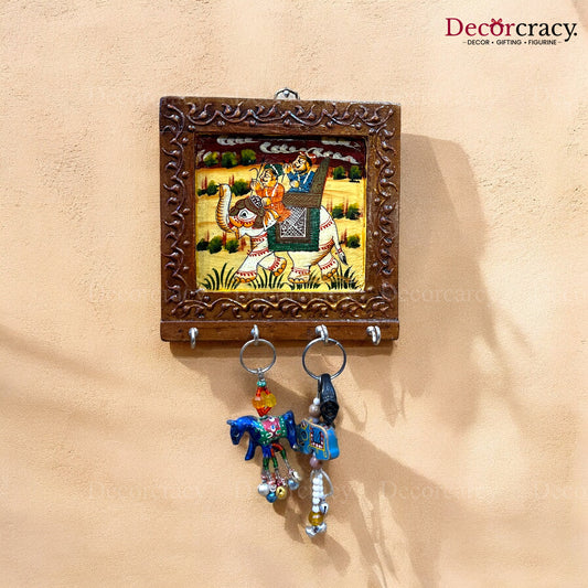 4 Hook Hanging Key Holder Hand Painted Wooden Rajasthani Art