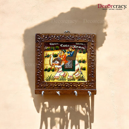 4 Hook Hanging Key Holder Hand Painted Wooden Rajasthani Art