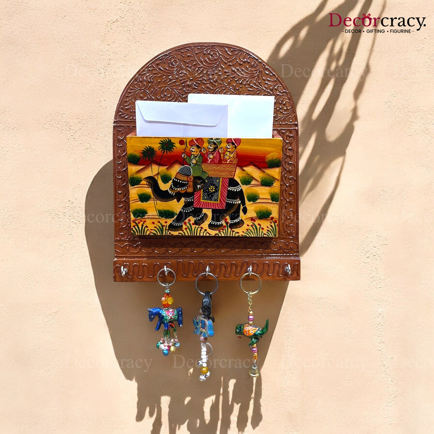 5 Hook Hanging Key Holder Letter Holder Hand Painted Wooden Rajasthani Art