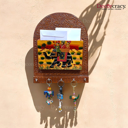5 Hook Hanging Key Holder Letter Holder Hand Painted Wooden Rajasthani Art