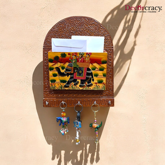 5 Hook Hanging Key Holder Letter Holder Hand Painted Wooden Rajasthani Art