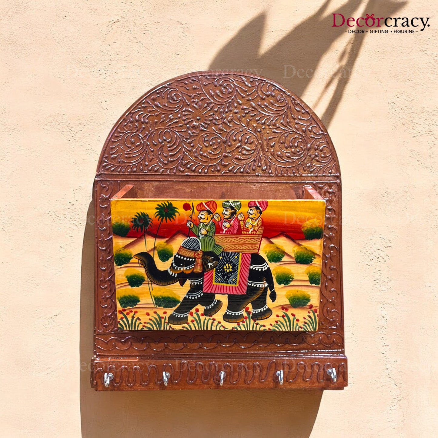 5 Hook Hanging Key Holder Letter Holder Hand Painted Wooden Rajasthani Art