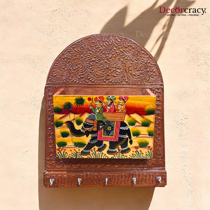 5 Hook Hanging Key Holder Letter Holder Hand Painted Wooden Rajasthani Art