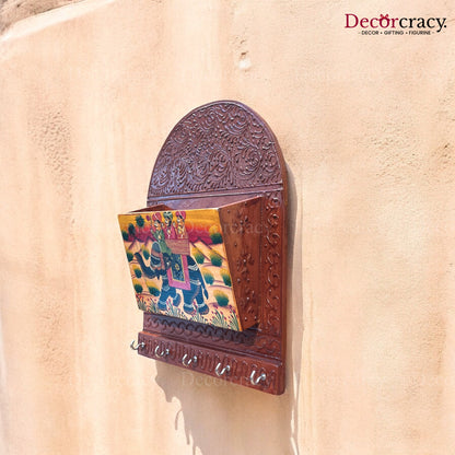 5 Hook Hanging Key Holder Letter Holder Hand Painted Wooden Rajasthani Art