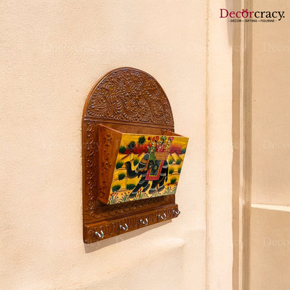 5 Hook Hanging Key Holder Letter Holder Hand Painted Wooden Rajasthani Art