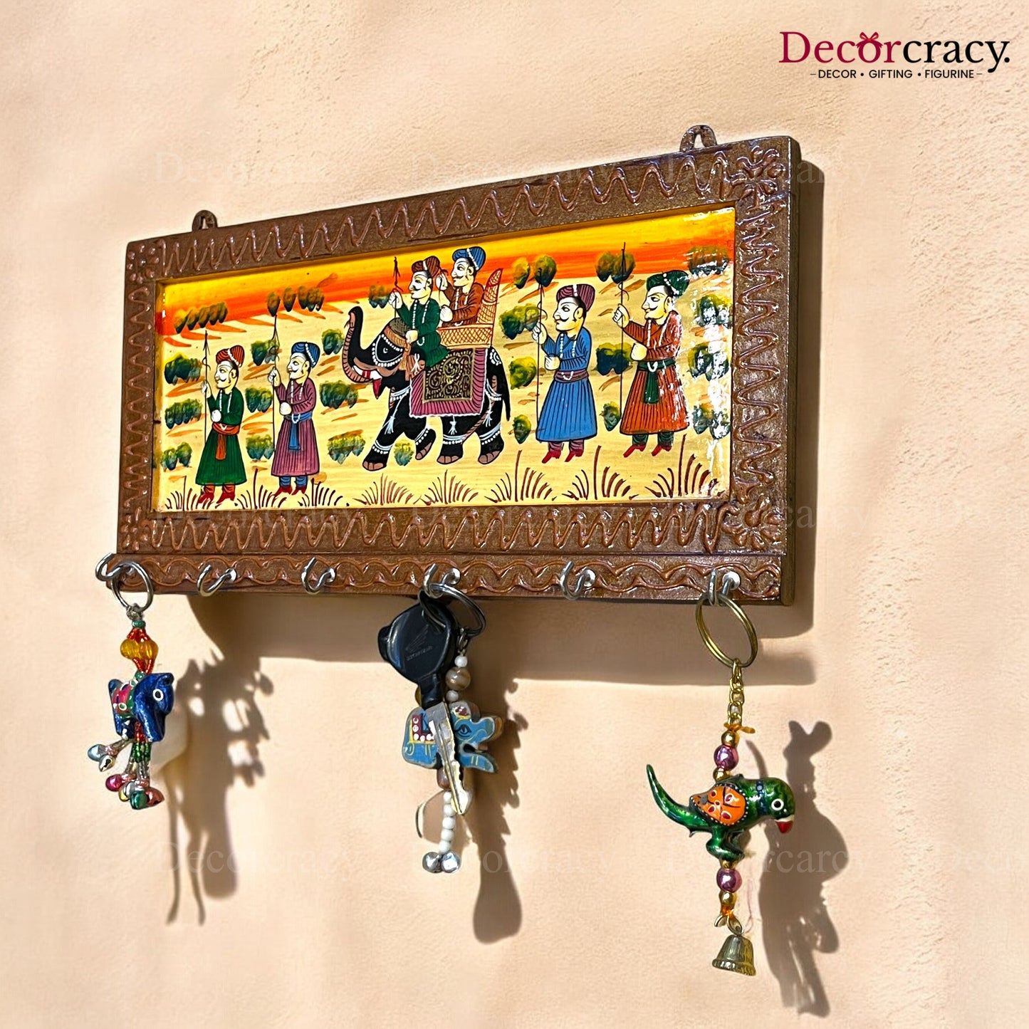 6 Hook Hanging Key Holder Hand Painted Wooden Rajasthani Art