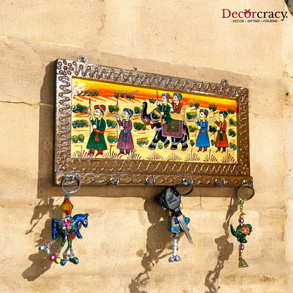 6 Hook Hanging Key Holder Hand Painted Wooden Rajasthani Art