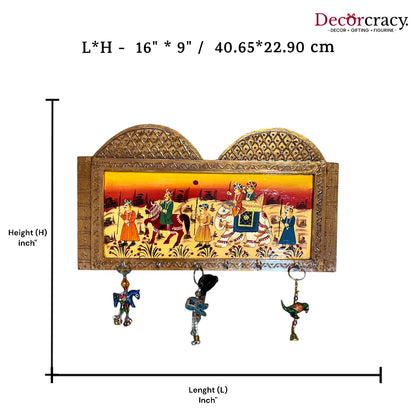 6 Hook Hanging Mehraab Key Holder Hand Painted Wooden Rajasthani Art