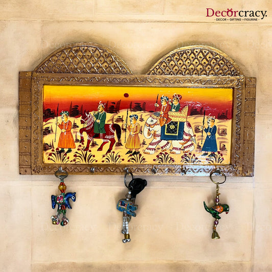 6 Hook Hanging Mehraab Key Holder Hand Painted Wooden Rajasthani Art