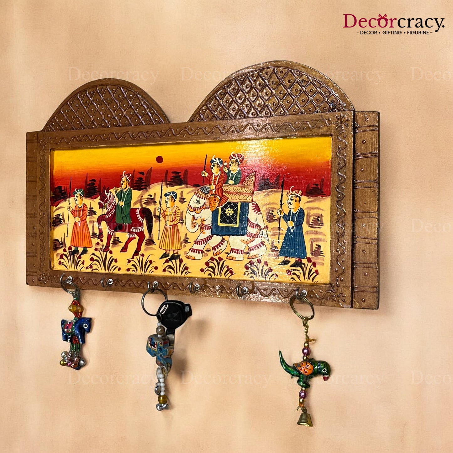 6 Hook Hanging Mehraab Key Holder Hand Painted Wooden Rajasthani Art