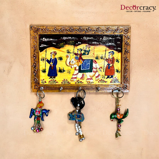 5 Hook Hanging Key Holder Hand Painted Wooden Rajasthani Art