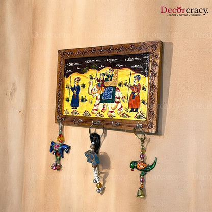 5 Hook Hanging Key Holder Hand Painted Wooden Rajasthani Art