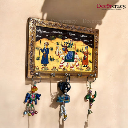 5 Hook Hanging Key Holder Hand Painted Wooden Rajasthani Art