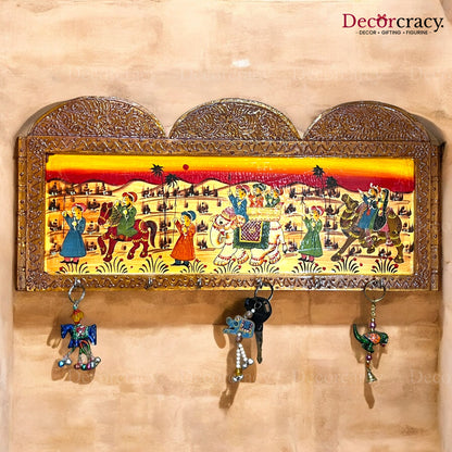 5 Hook Hanging Mehraab Key Holder Hand Painted Wooden Rajasthani Art