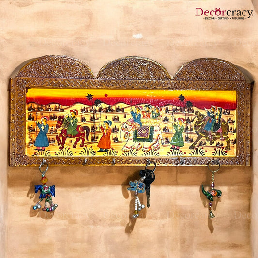5 Hook Hanging Mehraab Key Holder Hand Painted Wooden Rajasthani Art