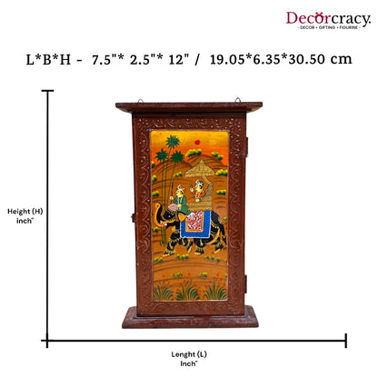 7 Hook Wall Mount Key Holder Box Hand Painted Brown Wooden Rajasthani Art