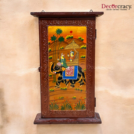 7 Hook Wall Mount Key Holder Box Hand Painted Brown Wooden Rajasthani Art