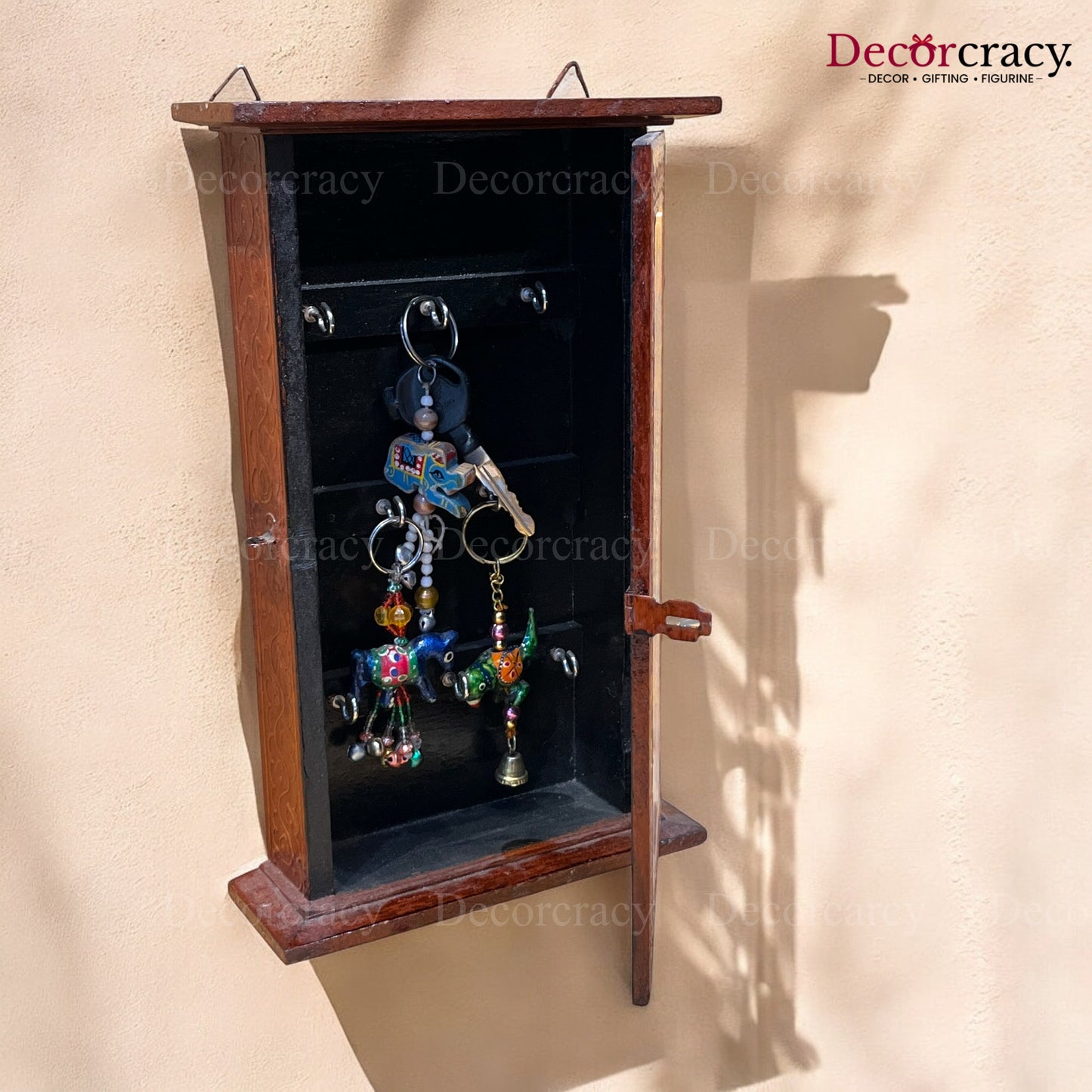 7 Hook Wall Mount Key Holder Box Hand Painted Brown Wooden Rajasthani Art