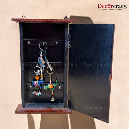 7 Hook Wall Mount Key Holder Box Hand Painted Brown Wooden Rajasthani Art