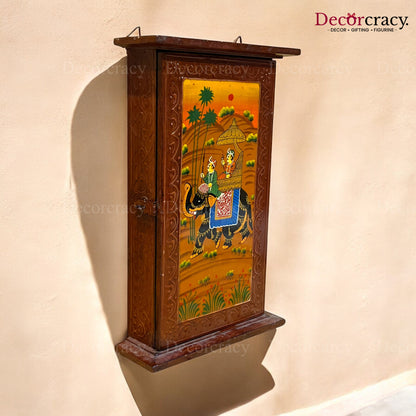 7 Hook Wall Mount Key Holder Box Hand Painted Brown Wooden Rajasthani Art