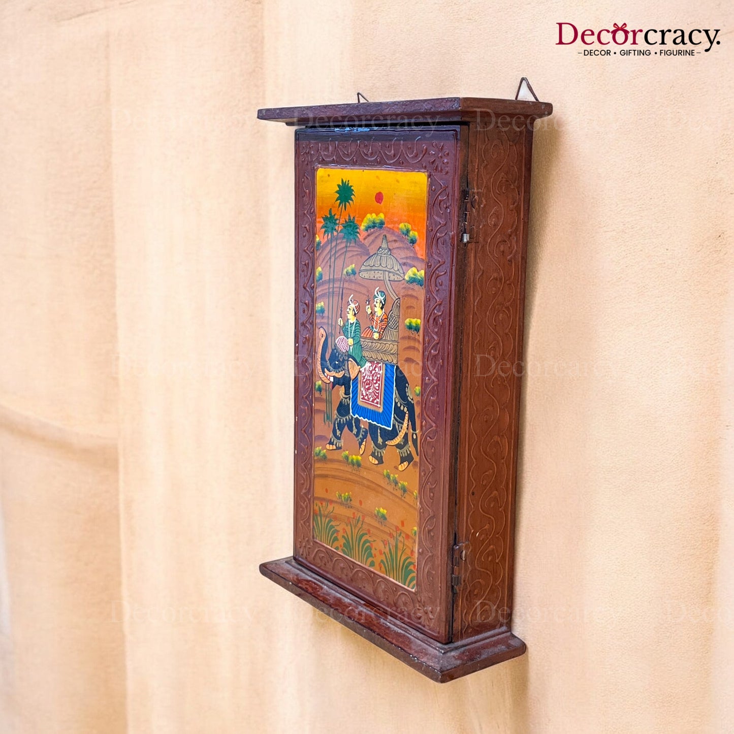 7 Hook Wall Mount Key Holder Box Hand Painted Brown Wooden Rajasthani Art
