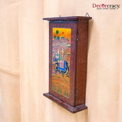 7 Hook Wall Mount Key Holder Box Hand Painted Brown Wooden Rajasthani Art
