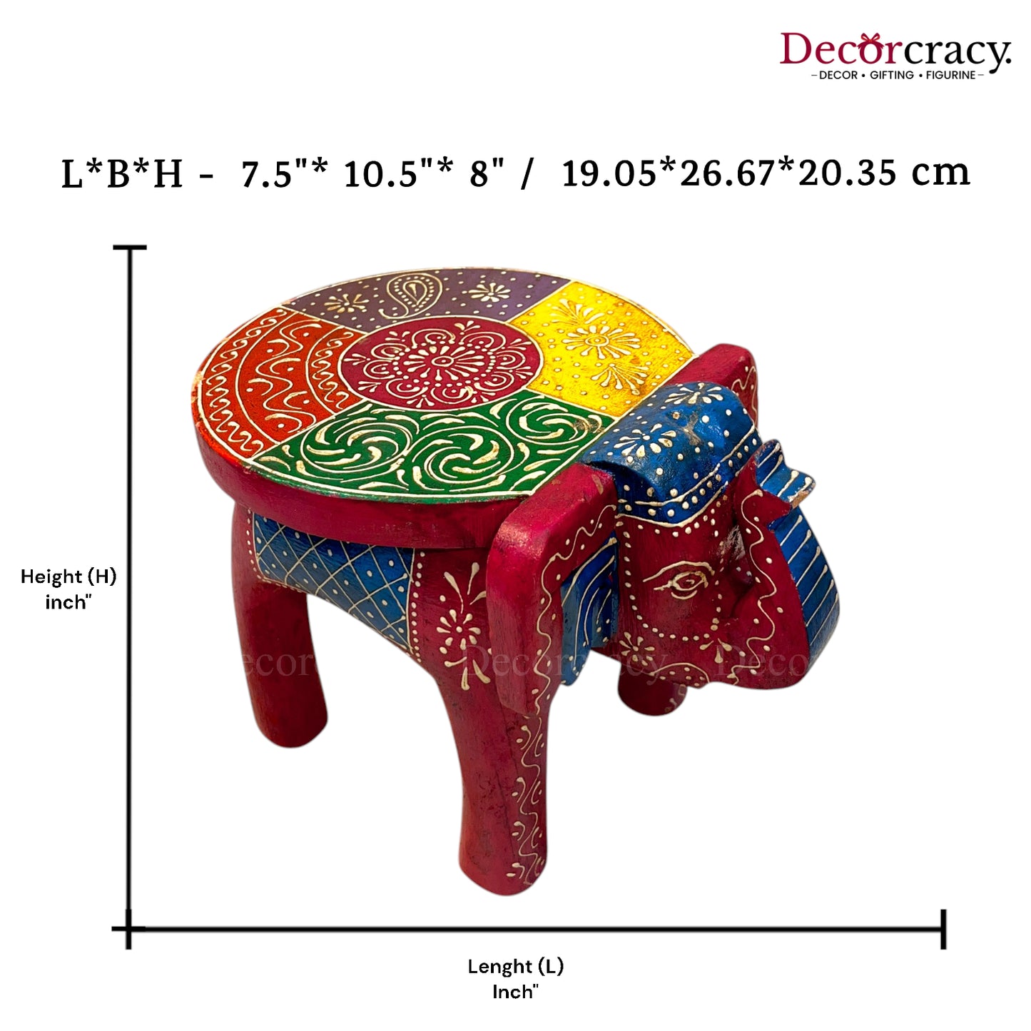 Elephant Stool Table Red Hand Painted Wooden Rajasthani 9"