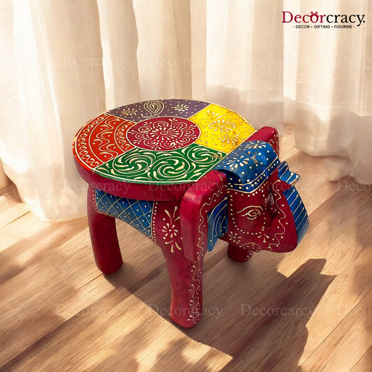 Elephant Stool Table Red Hand Painted Wooden Rajasthani 12"