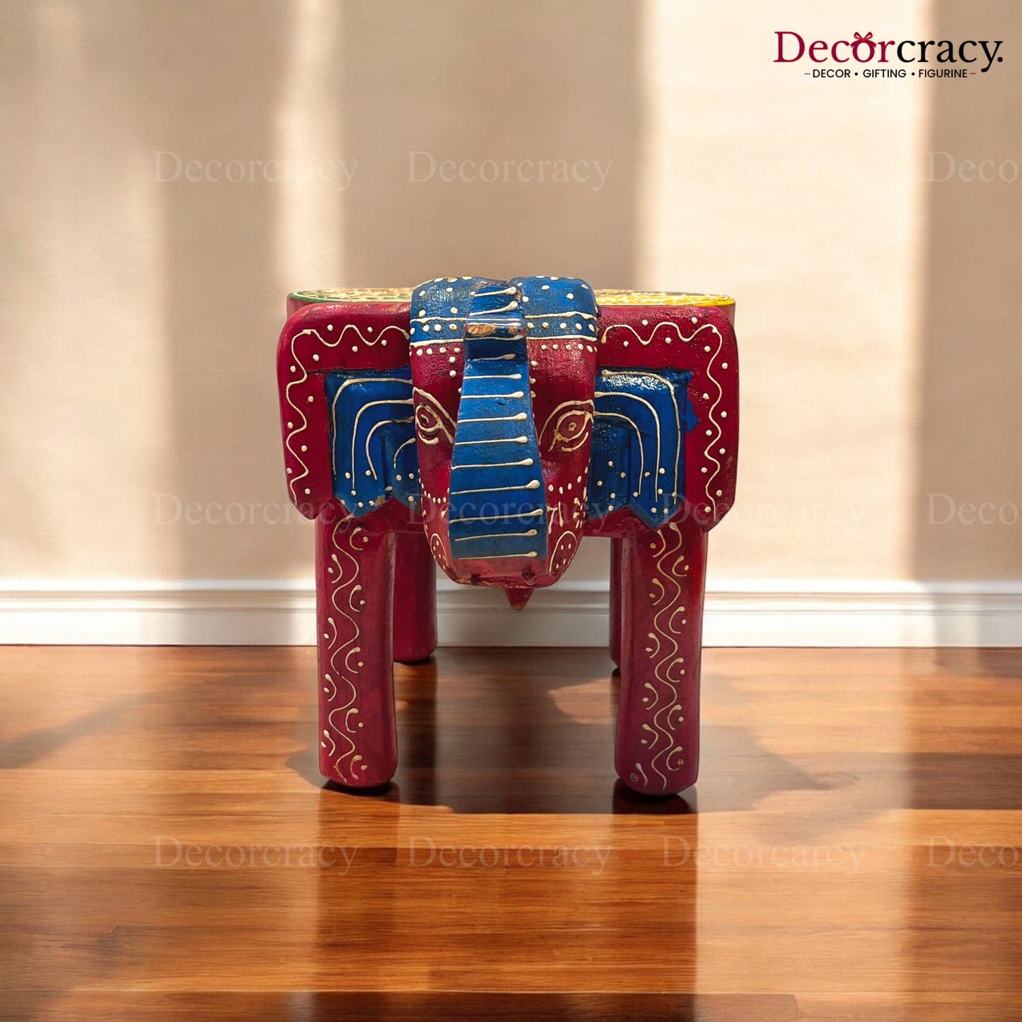 Elephant Stool Table Red Hand Painted Wooden Rajasthani 12"