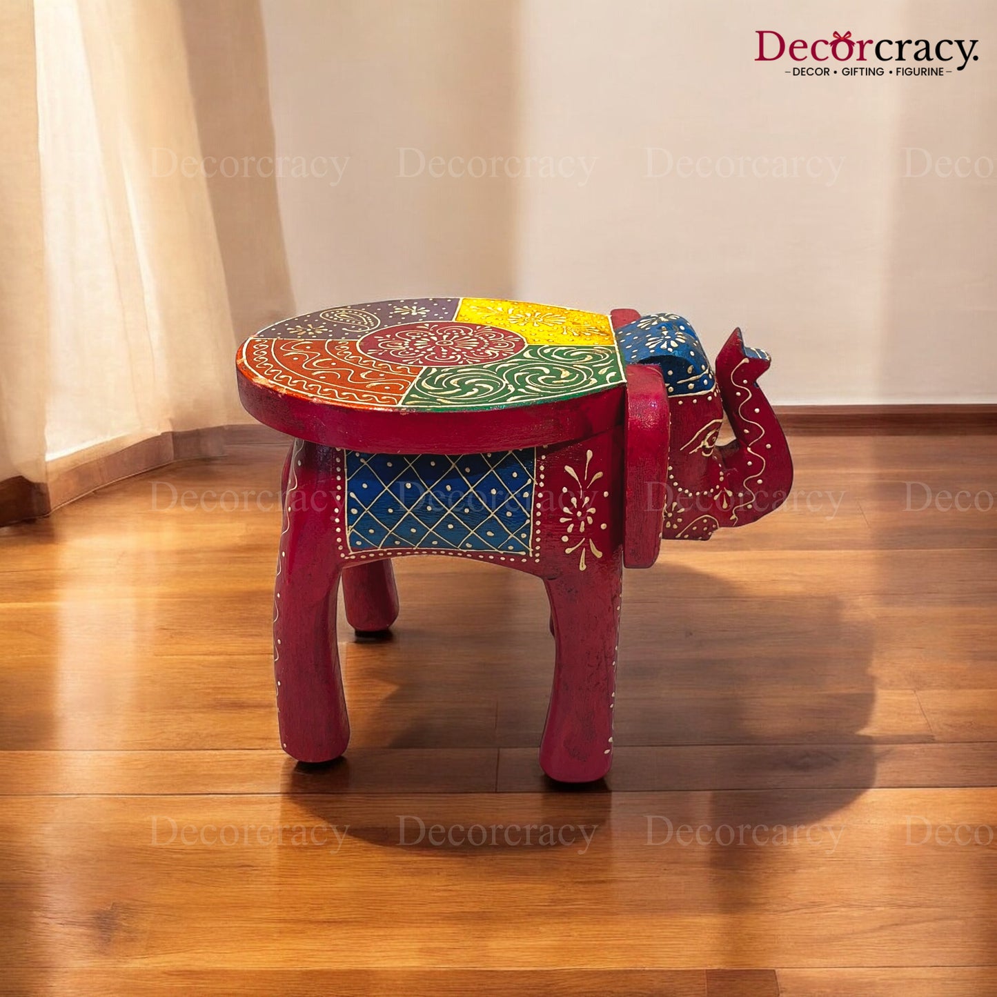 Elephant Stool Table Red Hand Painted Wooden Rajasthani 12"