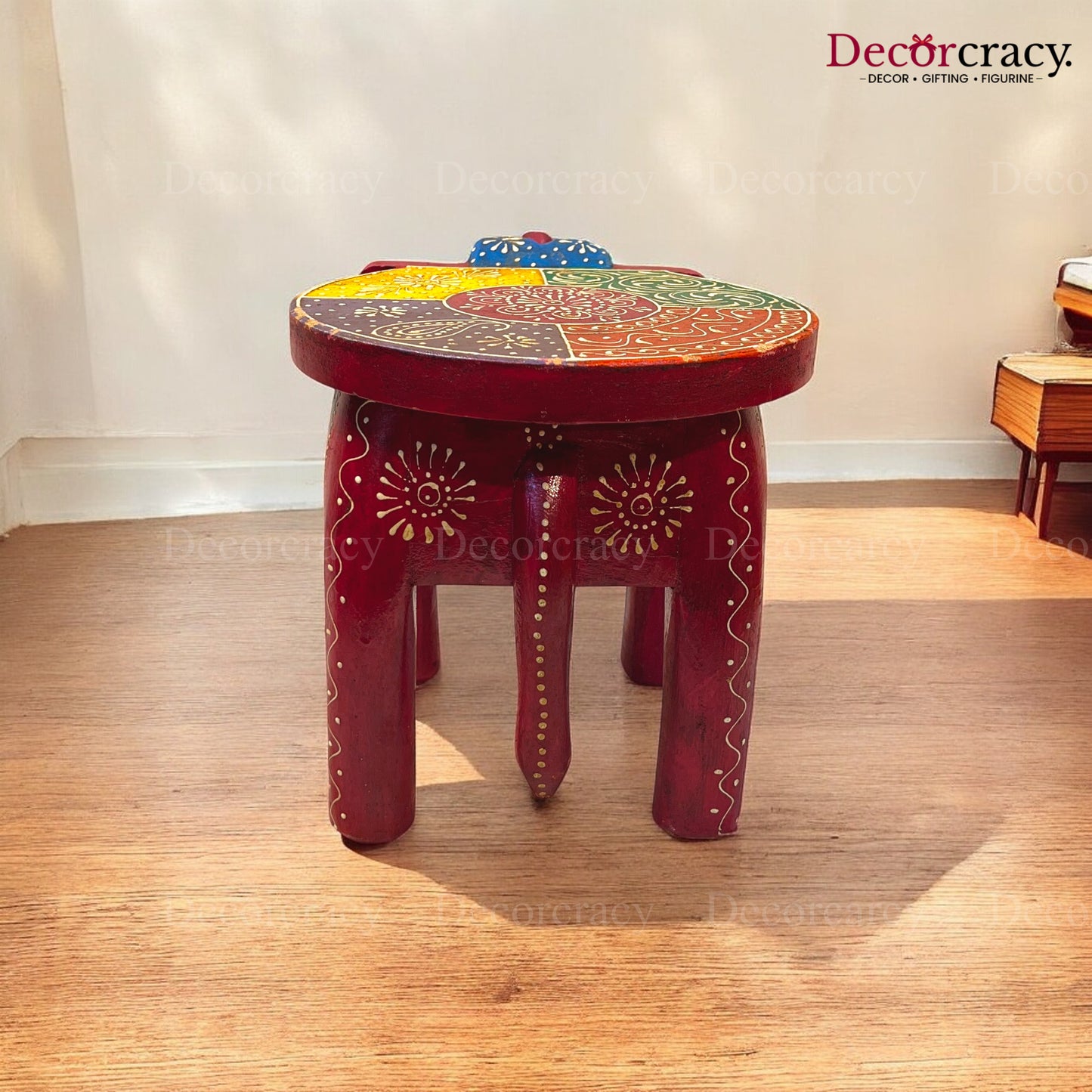Elephant Stool Table Red Hand Painted Wooden Rajasthani 12"
