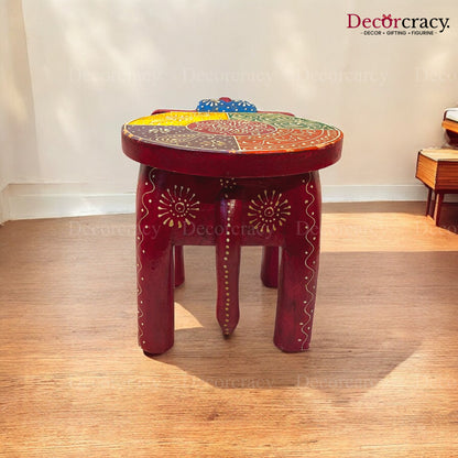 Elephant Stool Table Red Hand Painted Wooden Rajasthani 12"