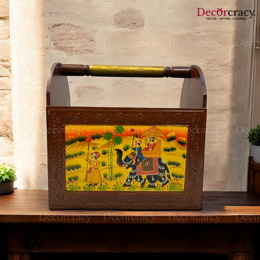 Letter Rack Newspaper Magazine Holder Hand Painted Brown Wooden Rajasthani Dhola Maru