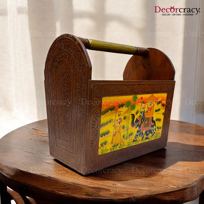 Letter Rack Newspaper Magazine Holder Hand Painted Brown Wooden Rajasthani Dhola Maru