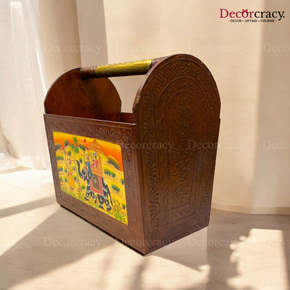 Letter Rack Newspaper Magazine Holder Hand Painted Brown Wooden Rajasthani Dhola Maru