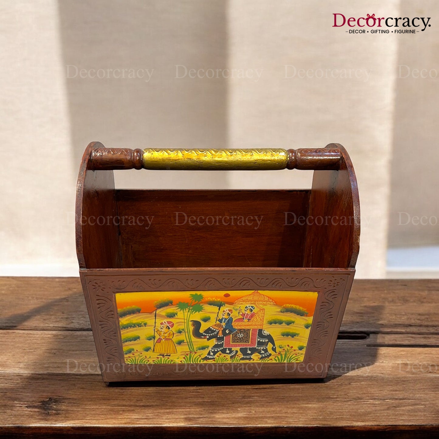 Letter Rack Newspaper Magazine Holder Hand Painted Brown Wooden Rajasthani Dhola Maru