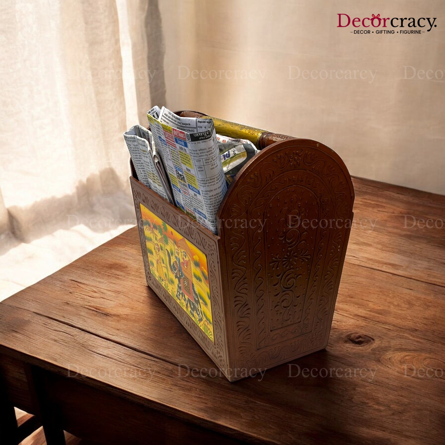 Letter Rack Newspaper Magazine Holder Hand Painted Brown Wooden Rajasthani Dhola Maru