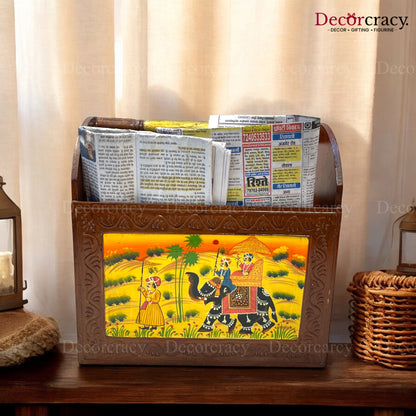 Letter Rack Newspaper Magazine Holder Hand Painted Brown Wooden Rajasthani Dhola Maru