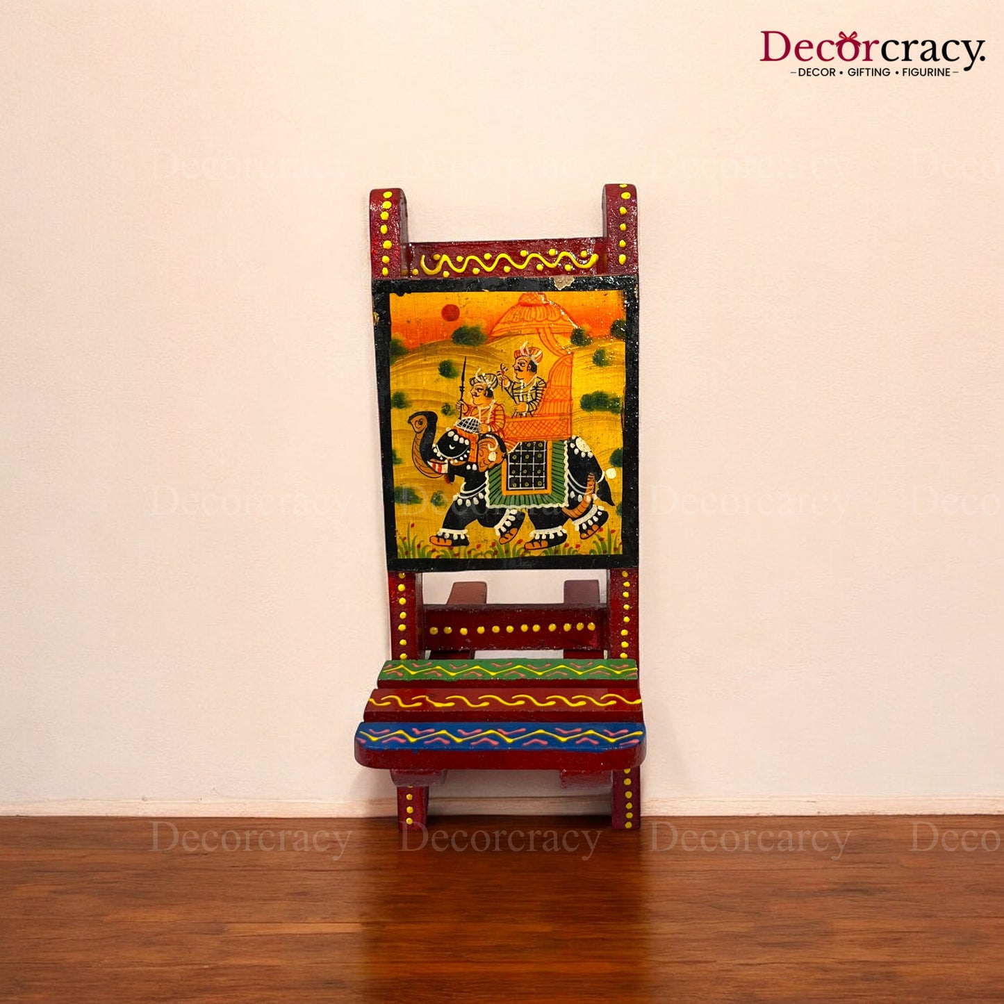 Folding Chair Dhola Maru Hand Painted Red Multicolor Wooden Rajasthani
