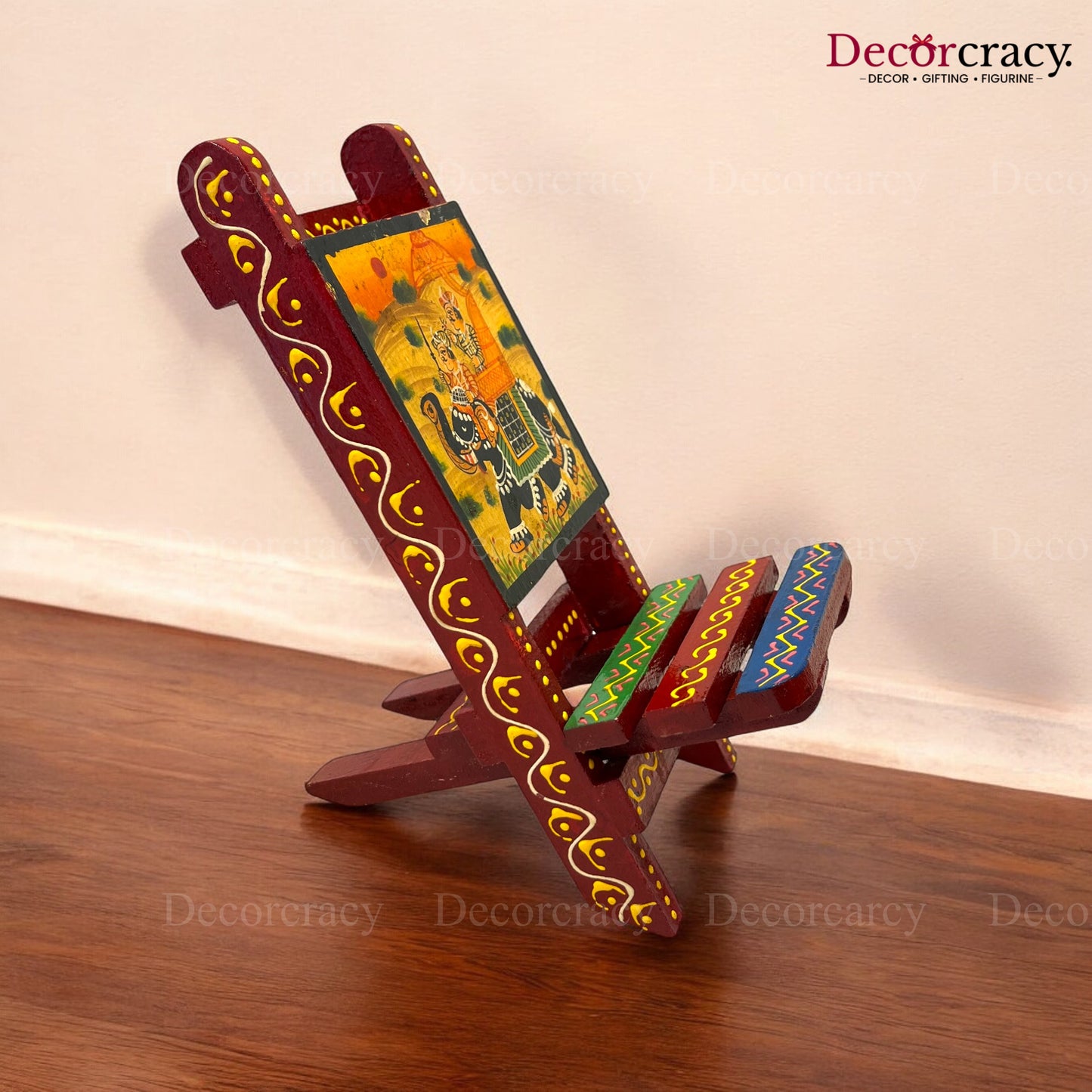 Folding Chair Dhola Maru Hand Painted Red Multicolor Wooden Rajasthani