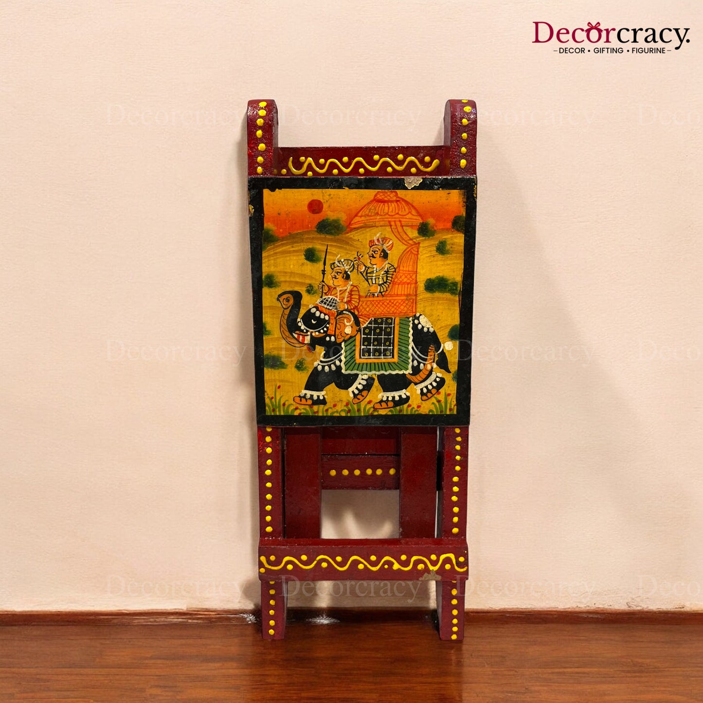 Folding Chair Dhola Maru Hand Painted Red Multicolor Wooden Rajasthani