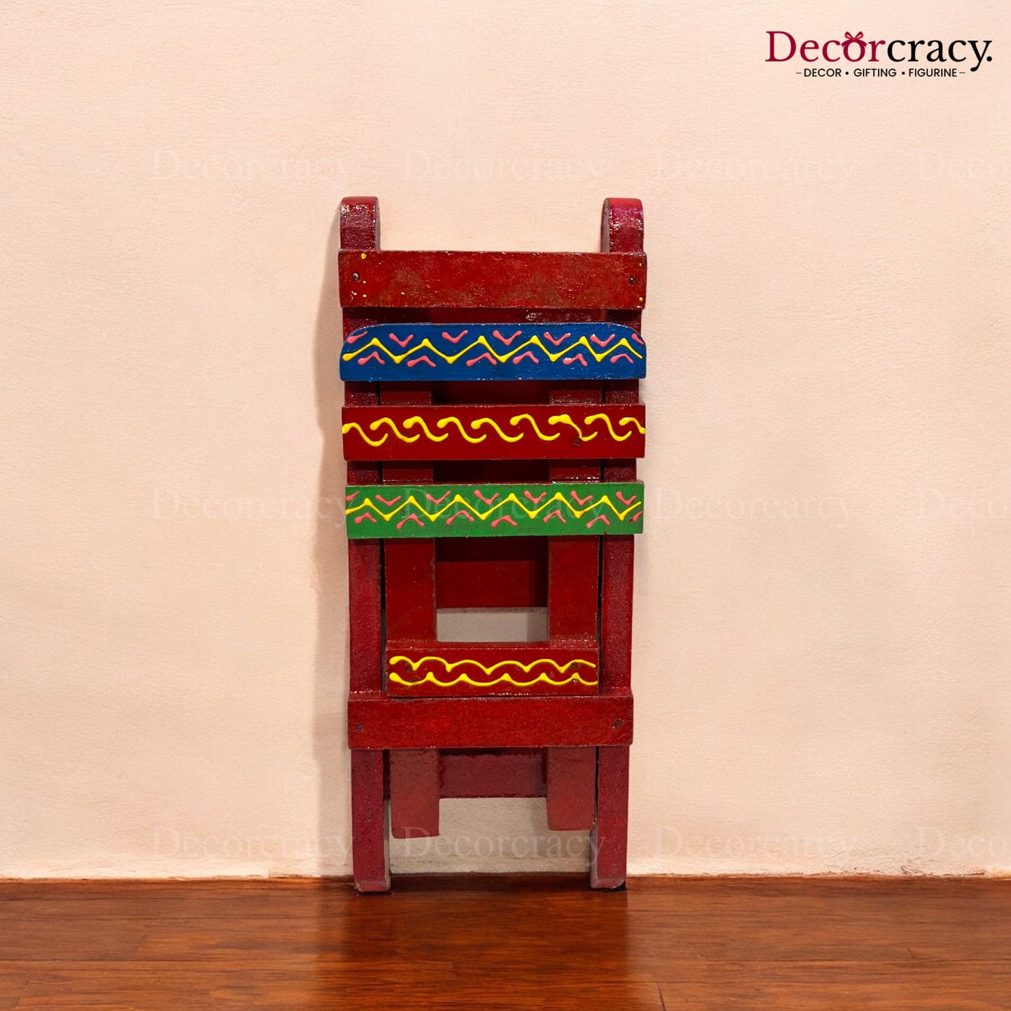 Folding Chair Dhola Maru Hand Painted Red Multicolor Wooden Rajasthani