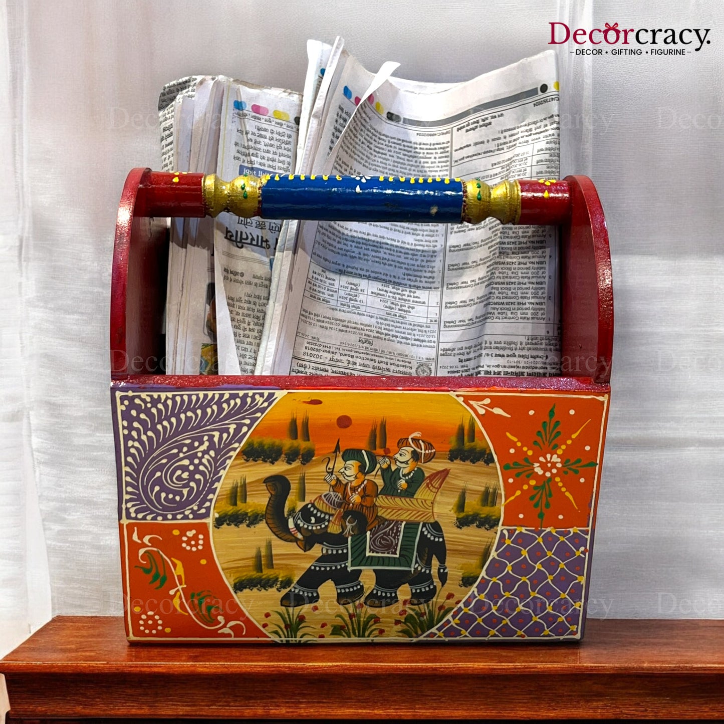 Letter Rack Newspaper Magazine Holder Hand Painted Multicolor Wooden Rajasthani Dhola Maru