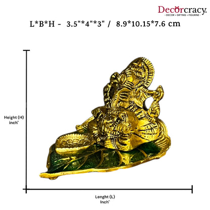 Shree Ganesh Diya Deepak on Green Leaf patta ganesh Metal golden
